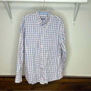 Izod Blue, White and Peach Plaid Cotton Button Down Shirt-‎ L